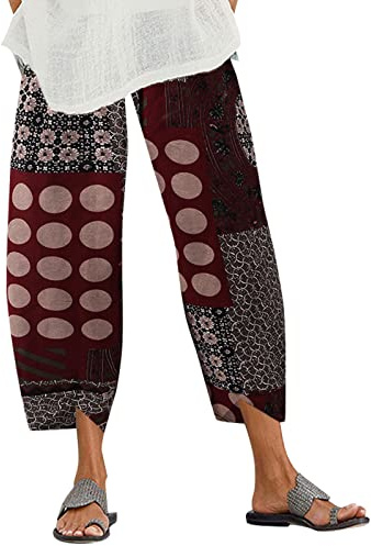 ZANZEA Women's Casual Harem Trousers Summer Boho Retro Print Cotton Cropped Pants Loose Fit Hippie Elasticated Waist with Pockets Lounge Yoga Pants Beach TrousersBeta Wine RedM