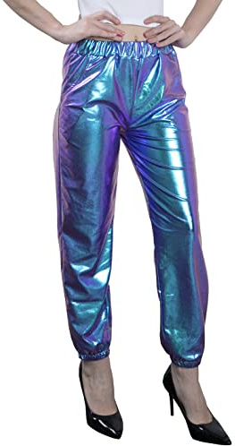 NewL Damen Metallic Glänzend Jogger Casual Holographische Farbe Streetwear Hosen Hip Hop Mode Glatte Elastische Hosen