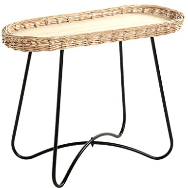 HAKU Table d'appoint en Osier tressé Naturel, piètement en métal Noir, Bois lamellé-collé, Osier tressé, Table de Salon - Dimensions : L 70 x H 55 x P 33 cm Style : bohème
