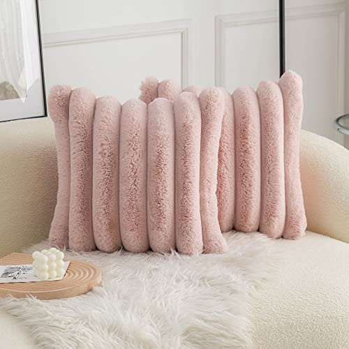 Neelvin 2er Set Plüsch Kissenhülle Kunstpelz Gemütliche Weiche Gestreifte Dekorative Kissenbezug Kissenbezüge Dekokissen Zierkissenbezug Sofakissen Pink 40x40 cm für Sofa Schlafzimmer