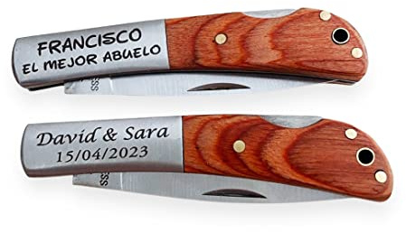 regalo grabado 1 Navaja Personalizada Acero Inox y Madera Grabado 2 Caras | 1 navaja, Grabado láser en 2 caras hasta 2 líneas, Hoja de acero inox 7 cm, Mango de madera, 16,5 cm y peso 68 g