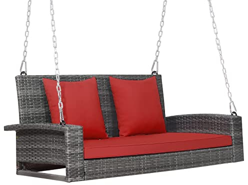 Happygrill Patio Porch Swing Bench, Outdoor 2-Person Hanging Swing Bench with Heavy Duty Frame, Patio Wicker Hanging Swing with Rustproof Chains & Comfortable Cushions for Patio Balcony Garden