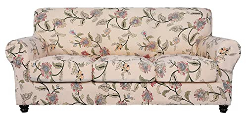 SearchI Stretch Sofa Cover Printed Couch Cover, Floral Pattern 4 Pieces Sofa Slipcover with 3 Separate Cushion Cover, Washable Furniture Protector for Living Room(Sofa, Yellow+Flower)