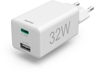 Hama Schnellladegerät 1x USB-C, 1x USB-A, Mini-Ladegerät, 32W, weiß