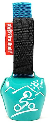 swisstrailbell® Fresh Colour-Edition: Türkis mit weißem Mountainbiker, türkises Band, Trailbell, Bear Bell