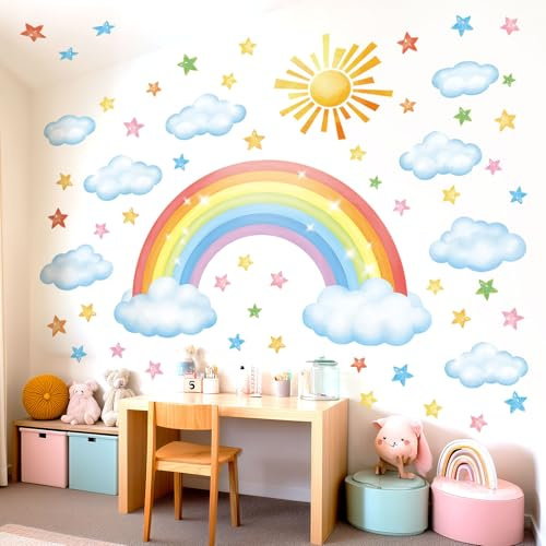 DECOWALL SG3-2314 regnbågssol moln och stjärnor väggklistermärken barn väggdekor för barnrum heminredning konst babyrum pojkar och flickor färg lekrum sovrum söt blå