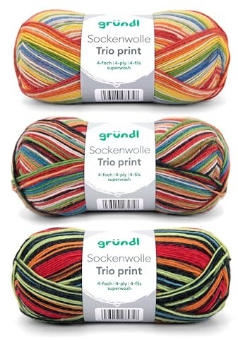 Gründl Wolle Sockenwolle Trio - Strickgarn für 3 Paar Socken - Strapazierfähig und hautfreundlich - 75% Schurwolle, 25% Polyamid - 3 Knäuel 100 g / 420 m - Nadelstärke 2,5-3 - bunte streifen