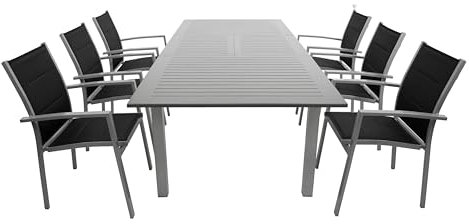 DEGAMO Gartengarnitur BAJAZZO 7-teilig, 6X Stapelsessel aus Aluminium Silbergrau und gepolstertem Textilgewebe in schwarz sowie 1x Ausziehtisch Aluminium grau/Silbergrau, Outdoor