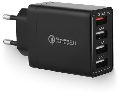 Caricatore USB, Alimentatore di Ricarica USB a 4-Porte con 33W Intelligent QC 3.0 Caricatore Veloce Presa di Ricarica Multipla per Samsung Galaxy S21 S20FE S10 A51, iPhone 15 14 13 12 11 Pro X 8