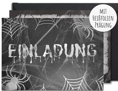møij 12x Einladungskarten Halloween Party Spinnen | inkl. schwarze Umschläge, edle Heißfolienprägung, DIN A6, gruseliges Design für Horror-Fans
