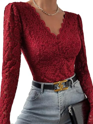 SHEKINI Dam Genomskinlig Spets Långärmad Bodysuit Dam Elegant Bodysuit Dam Spets Spetskant V-ringning Shapewear Sexiga Underkläder, Vinröd, L