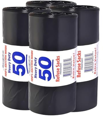 80L Black Bin Bags | Heavy Duty Plastic Refuse Sacks, 50 Bags Roll | 100% Recycled Material, Kitchen Home Office Garden | Pack of 4