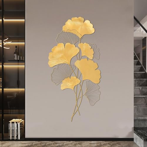 Qussse Wanddeko Gingko aus Metall, 109 x 55cm Ginkgo-Blätter Wand-Bild für Wohnzimmer, Esszimmer, Empfangsraum, Konferenzraum
