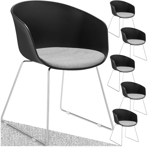 tectake® Kunststoff Armlehnstuhl, bequemer Esszimmerstuhl, Bürostuhl mit Sitzkissen, Chrom Stahlbeine, ergonomischer Stuhl, Esszimmerstühle, Küchenstuhl, Schalenstuhl, bis 120 kg belastbar - 6er Set
