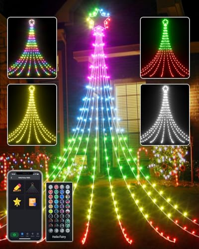 3.6M Smart Outdoor Christmas Tree Lights - App Control DIY Waterfall Star Fairy Light Colour Changing, Music Sync, Timer Waterproof Curtain Lights Mains Powered for Garden Xmas Wedding Decor