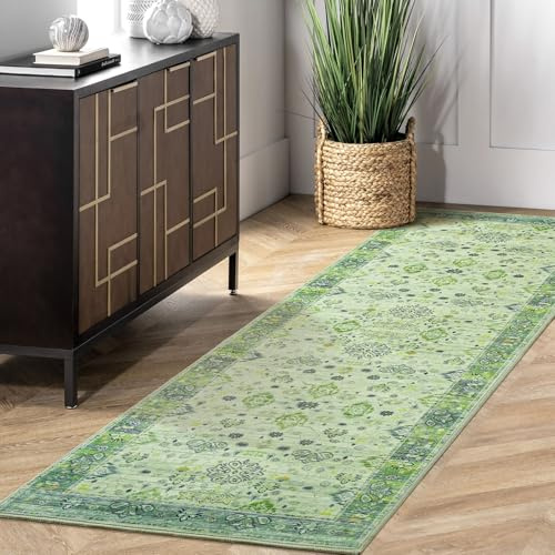 Przemy Runner Rug for Bedroom, 2x6Ft Washable Non-Slip Area Rugs,Small Floral Carpet for Entryway Hallway Girls's Bedside Living Room, Green