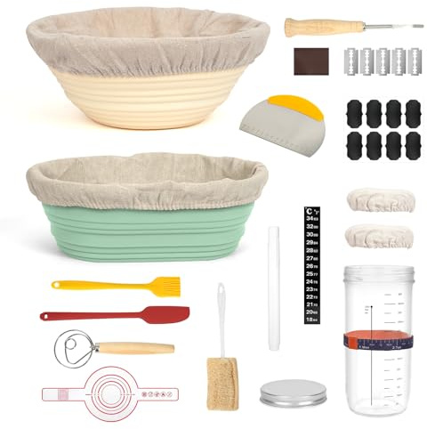 Silikon Brot Gärkorb Set Sauerteig Starter Set mit Zubehör Perfekt für die Brotherstellung zu Hause (Silikon) | Sauerteig Starter Set, Enthält Diverses Zubehör für die Brotherstellung,Sowie Versiegelbaren Glasbehälter für Hefe
