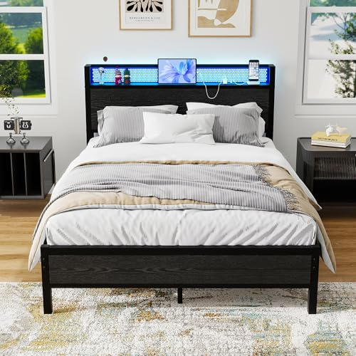 Diahomy 4ft6 Double Bed Frame with Storage Headboard&LED Lights,Black | Metal Platform Bed Frame with Charging Station,Mattress Foundation,Metal Slat Support,No Box Spring Needed,Under-bed Storage