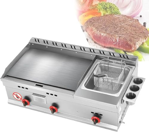 Plancha de gas para encimera, sartén comercial de acero inoxidable Teppanyaki con temperatura ajustable, Teppanyaki de gran capacidad y freidora, parrilla de gas GLP para cocina, para catering al ai