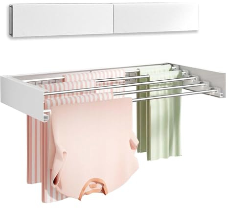 Curtainboro Wäscheständer zur Wandmontage, zusammenklappbar mit Aluminiumstangen, faltbar, für den Innenbereich, einziehbar, für Badezimmer, Wäsche, platzsparend, 80 cm