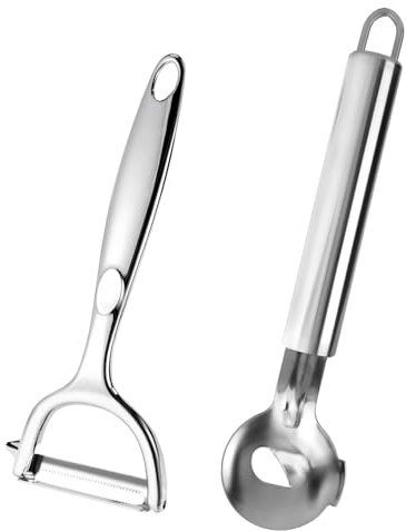 lasuroa 2pz Pelapatate per Cactus, Cucchiaio e Coltello in Acciaio Inox per Pelare Cactus Manico Lungo Tagliapasta con Foro Utensili Cucina Multifunzionali(Argento)