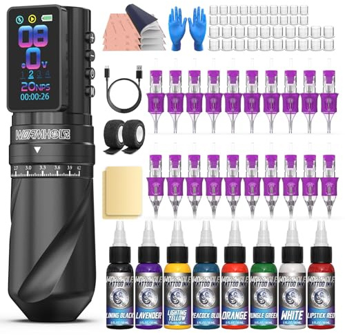Wormhole Tattoo Set Tattoo Maschine Set – 7 Einstellbare Hubhöhen, 2300 mAh Akku kabellos Tattoo Pen mit Normal/Jump-Start/Dot Modus mit LED Display-WTK381