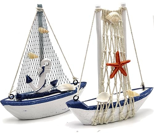 2 PCS Mini Sailboat Decor Bathroom Ornaments Nautical Coastal Table Decor Handmade Wooden Nautical Bathroom Shelf Ornament for Sea Themed Home Decoration and Ocean Lovers