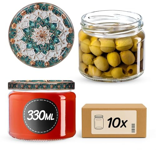 KADAX 10er Set Marmeladengläser 330ml TO82, Einmachgläser Vorratsgläser Mason Jar mit Schraubdeckel, Luftdichte Schraubgläser, Honig & Konfitüre (Grün/Gold)
