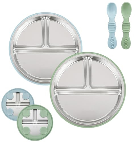 PandaEar Set Da 2 Piatti Per Bambini In Acciaio Inox Con Ventosa E 2 Cucchiai, Set Pappa Per Neonati E Bambini, Piatti Divisi Per BLW, Senza BPA (Blu/Verde)