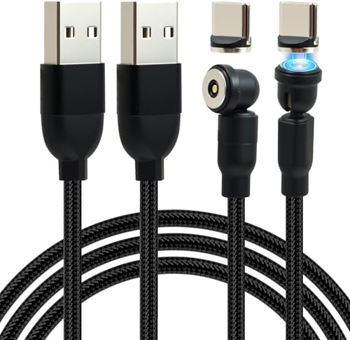 2Pack USB C Magnet Ladekabel, 360° und 180° Drehbar USB zu TypC Ladecabel Magnetisch, Magnet Ladekabel Geeignet für Zuhause und Reisen, für Alle Android Phone/Micro USB/Typ C Smartphones, 2m+1m