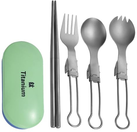Guaber Set di bacchette in metallo con cucchiaio e forchetta, portatili, pieghevoli, per picnic, stoviglie leggere, utensili da viaggio, facili da pulire, set di posate da campeggio portatili per