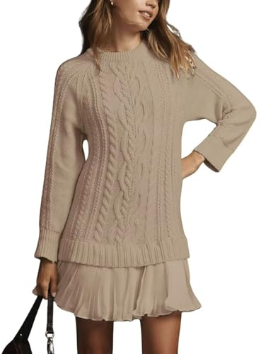 WINKEEY Vestito Donna Invernale Abito a Maglia Manica Lunga Mini Abito Elegante Maglione Lavorato Tinta Unita,Cachi L