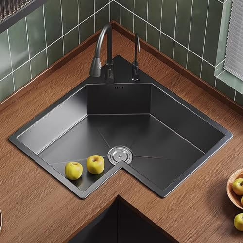 Fregadero Cocina Esquina de Acero Inoxidable 304, Fregadero Bajo Encimera, Fregaderos de Cocina con Grifo Extraíble y Kit Drenaje, Adecuado para Hogares, Bares y Hoteles(Black,60x60cm/23.6x23.6in)
