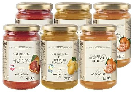Agrisicilia Pack da 6 Marmellate di Agrumi 2 Arancia Rossa di Sicilia I.G.P. 2 Mandarini di Sicilia 2 Limone di Siracusa I.G.P. vaso da 360grammi ideale per colazione e dolci