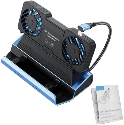 TIKATARER 9 in 1 USB C Docking Station with Dual Cooling Fans, 4K 60Hz, 100W PD, Gigabit Ethernet, 6 USB Ports, Foldable Stand for Handheld Consoles