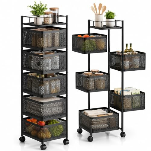 UZIRO Carrito Auxiliar con Ruedas, Verdulero Cocina 90 x 27 x 27 cm con 5 Cestas Giratorias, Ruedas 360° con Bloqueo, Capacidad de Carga de 75 kg, Carrito Organizador, Frutero con Ruedas