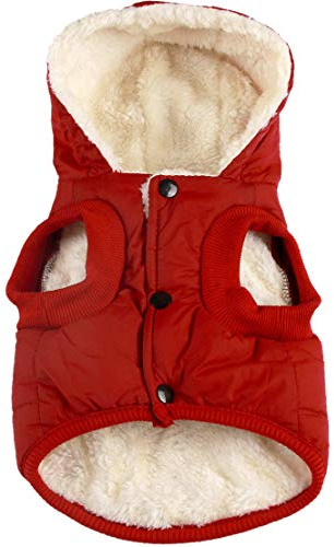 JoyDaog Fleece HundeMäntel,Winter kleine Hunde Jacke mit Kapuze, Rot L | Welpen Jacke mit Kapuze für kaltes Wetter, weich, winddichte Doggie Kleidung für Schnee spielen, täglicher Spaziergang