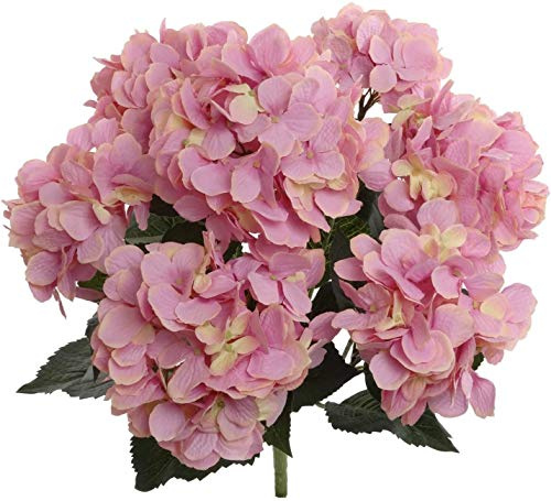 Larksilk Hydrangea Silk Flower Bush, Seven Heads Per Bush, Real Touch UV Resistant, Indoor & Outdoor Silk Plant with Adjustable Stem and Rich Green Leaves - Faux Outdoor Pink Hydrangeas for Wedding
