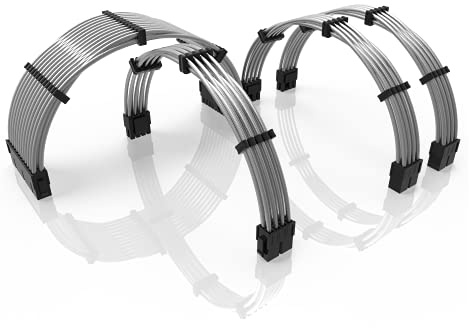 LINKUP - 50cm PSU PC Power Extension Cable Metallic Sleeved Silicone Coated Soft & Flexible to Route Custom Mod GPU & CPU w/Comb Kit | 1x 24P (20+4) | 1x 8P (4+4) CPU | 2x 8P (6+2) GPU | 500mm -Silver