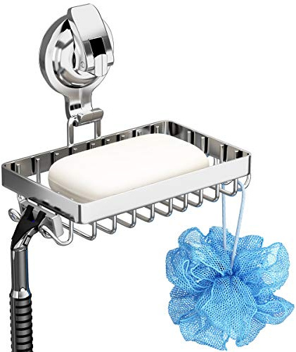 Soap Holder Shower, Suction Cup Soap Dish for Shower with 4 Hooks, 304 Stainless Steel, Silver