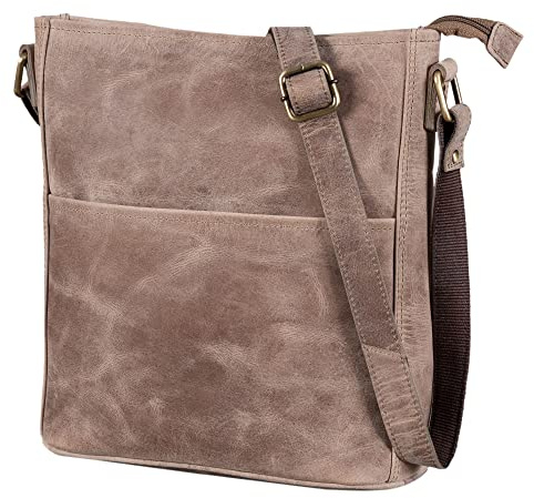 LEABAGS Leder Handtasche Damen I Premium Echtleder Umhängetasche I Damen Schultertasche I Damentasche I Tragetasche für Arbeit Uni Schule Freizeit I Größe M (24 x 23 x 6 cm) I Vintage Graubraun
