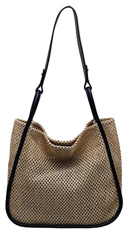 Hixingo Strohtaschen Damen Groß Kapazität Strandtasche Stroh Totes Taschen, Mode Sommer Boho Strand Gewebte Tasche Frauen Schultertaschen, Strohsack für Reisen und Urlaub (34x28x13cm,Schwarz)