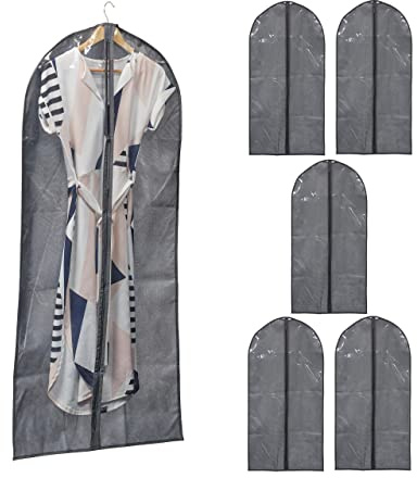 Relaxdays Kleidersack 6er Set, mit Reißverschluss, 135 x 60 cm, Vlies, Schutzhülle Anzug, Kleid, Hemd, grau/transparent | 135 x 60 cm, Vlies, Schutzhülle Anzug, Kleid, Hemd