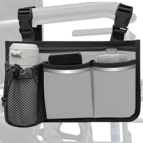 SHIFANQI Wheelchair Bag, Walker Bag, Armrest Organizer Pouch with Cup Holder and Reflective Strip, Accessories for Most Wheelchairs, Walkers, Rollators (Grey)