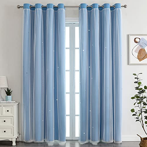 Nyescasa Verdunklungs Vorhänge mit Höhlen mit Voile 2er Set 244x132cm Blau | Kinderzimmer Vorhang Doppellagige Gardienen Sterne mit Voile Ösenschal für Wohnzimmer Schlafzimmer Mädchen Dekoschal