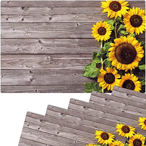 Tischsets 6er als abwaschbare Sommer Tischdeko - Platzsets Sonnenblumen Blumen Holzoptik als Tischuntersetzer - Platzdeckchen als Tischunterlage für Esstisch Wohnzimmer Tisch