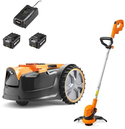 LawnMaster OcuMow® 16 Drop and Mow Robot Lawnmower & Cordless Grass Trimmer with 2x MX 24V lithium batteries and fast charger. No Boundary Wire, App or Outdoor Socket needed. For lawns up to 300m2