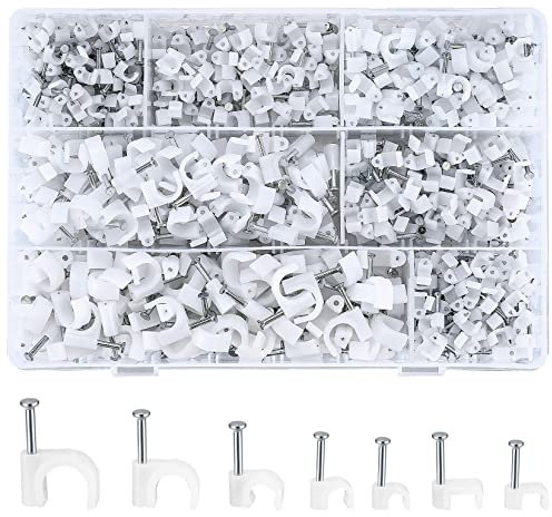 woshilaoDS 700 Pz Fermacavi con Chiodi, Clip Fermacavo da Parete con Chiodo, Fermacavi di Fissaggio Rotondi/Quadrati Bianchi, per Casa e Ufficio, Cavi di Rete, 4 mm/5 mm/6 mm/8 mm/10 mm
