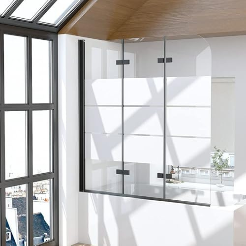 Duschwand für Badewanne 3-teilig 130x140cm Faltbar Gestreift Duschabtrennung, Schwarz Badewannenaufsatz Duschtrennwand 6mm ESG Sicherheitsglas, Streifenmuster Falttür Badewannenfaltwand Trennwand