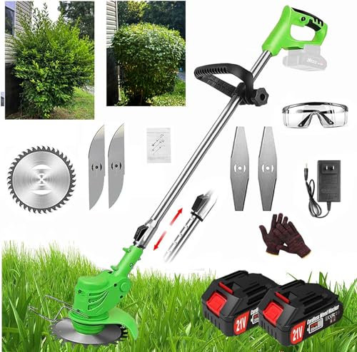 Désherbeur sans fil, désherbant électrique sans fil, 21 V avec 3 types de lames et 2 piles 2 A, il évite le tracas de remplacer les cordes en plastique et de traiter les mauvaises herbes emmêlées.